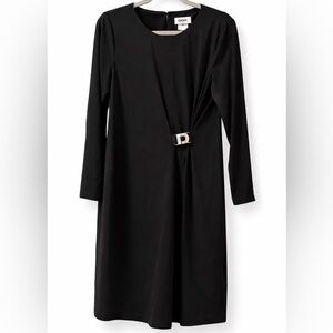 DKNY Black Sheath Dress Silver Logo Buckle Size 8 NWT Long Sleeve Elegant